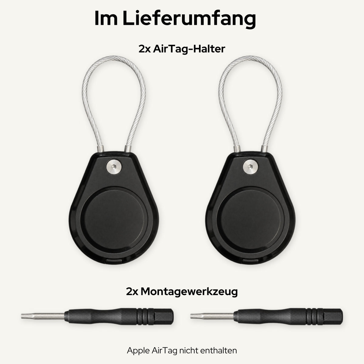 lang-de:Lieferumfang bei 2 Stück: 2 AirTag-Halter und 2 Montagewerkzeuge