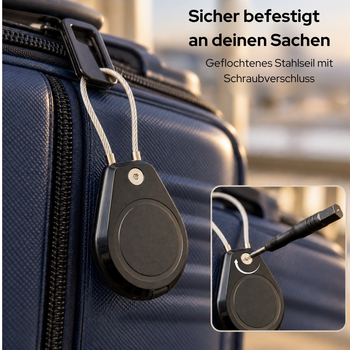 lang-de:AirTag-Halter mit Stahlseil am Griff eines Koffers