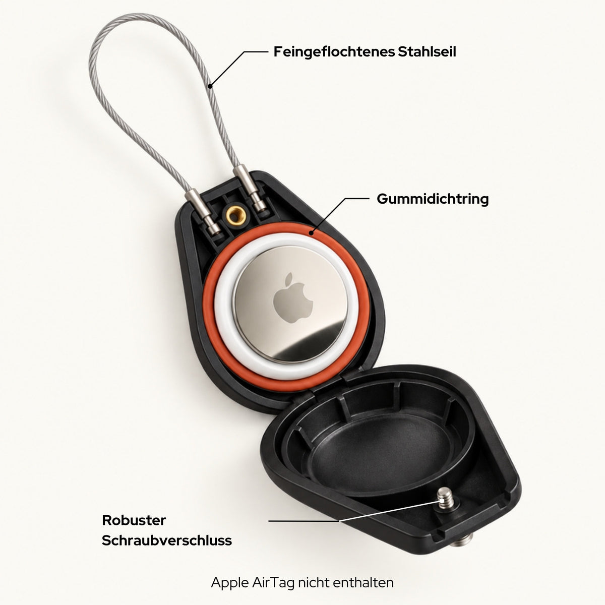 lang-de:Geöffneter AirTag-Halter mit Stahlseil, Gummidichtring und Schraubverschluss