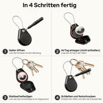 In vier Schritten einen AirTag in den Halter einsetzen und befestigen