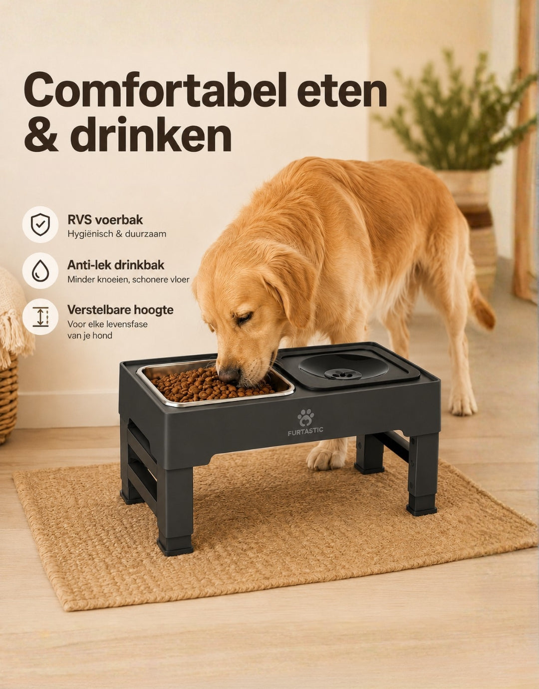 Verhoogde Voerbak en Drinkbak voor Honden - RVS voerbak + Anti-knoei Drinkbak