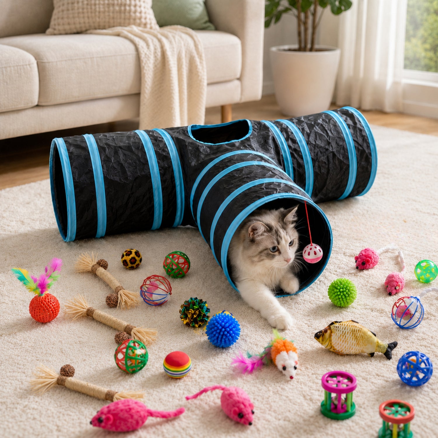 Kattentunnel met 30 Kattenspeeltjes – Ø 25 cm