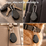 AirTag-houder aan sleutels, een rugzak, een handtas en een hondenhalsband