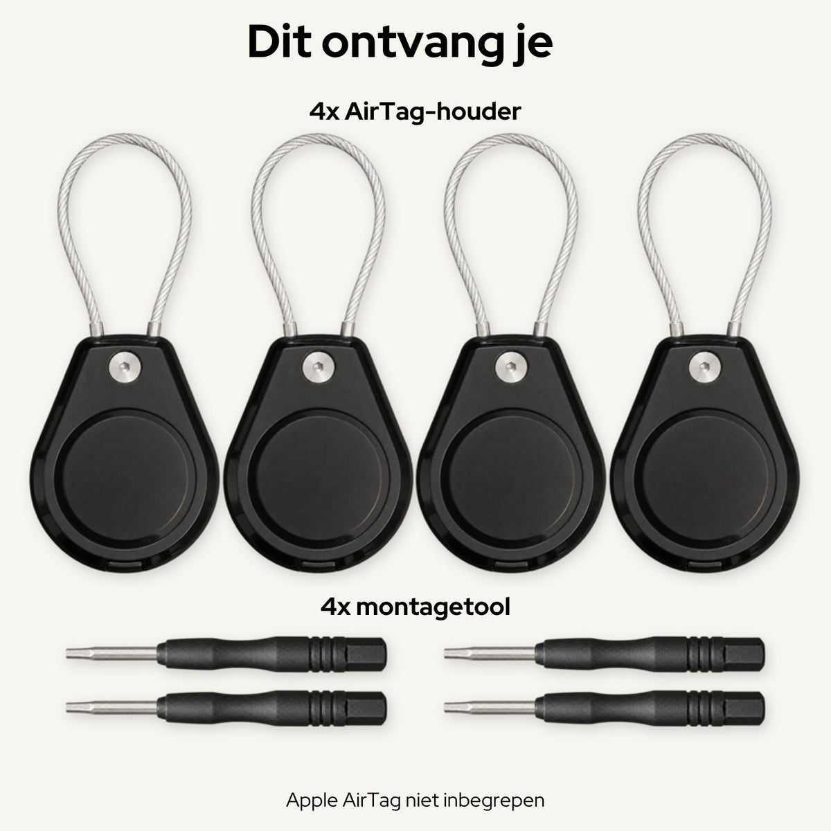 Inhoud bij 4 stuks: 4 AirTag-houders en 4 montagetools