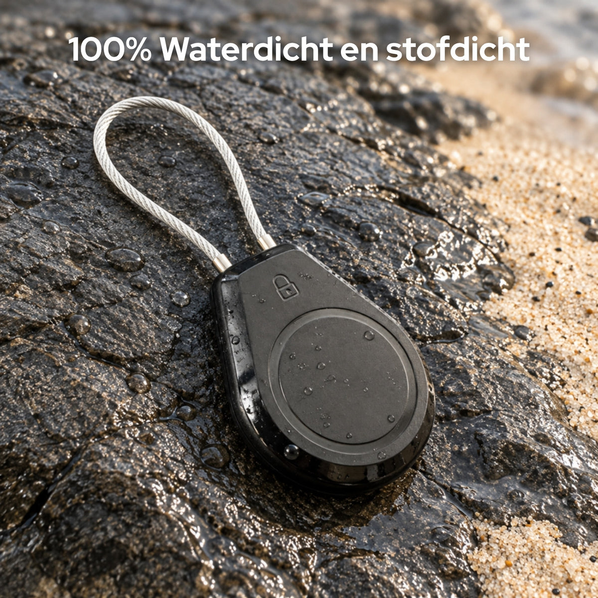 Natte AirTag-houder op een steen aan het strand